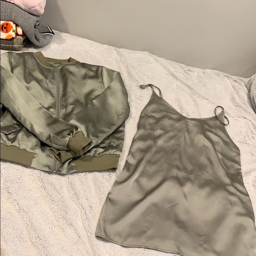 Missguided Olive Green Satin Bomber Jacket and Slip Dress Set